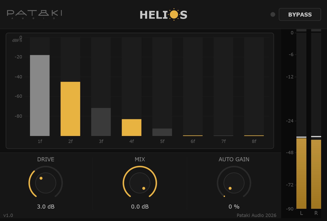 Helios plugin interface — Drive, Mix, Auto Gain knobs, 8-band live harmonics display showing even-dominant ladder, L/R output meters, Bypass