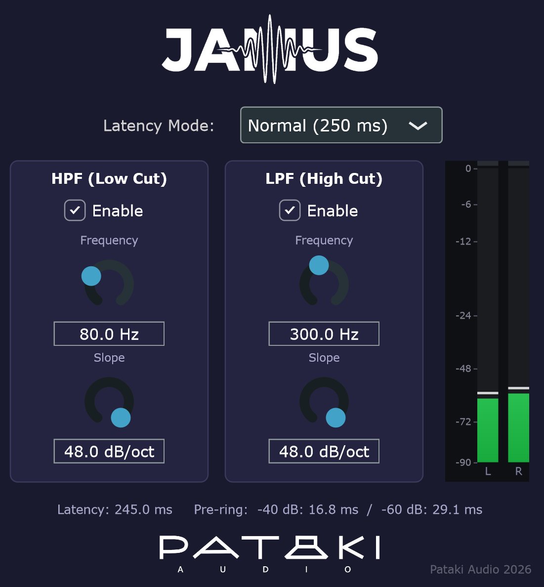 Janus plugin interface — HPF and LPF sections, latency mode selector, output meters