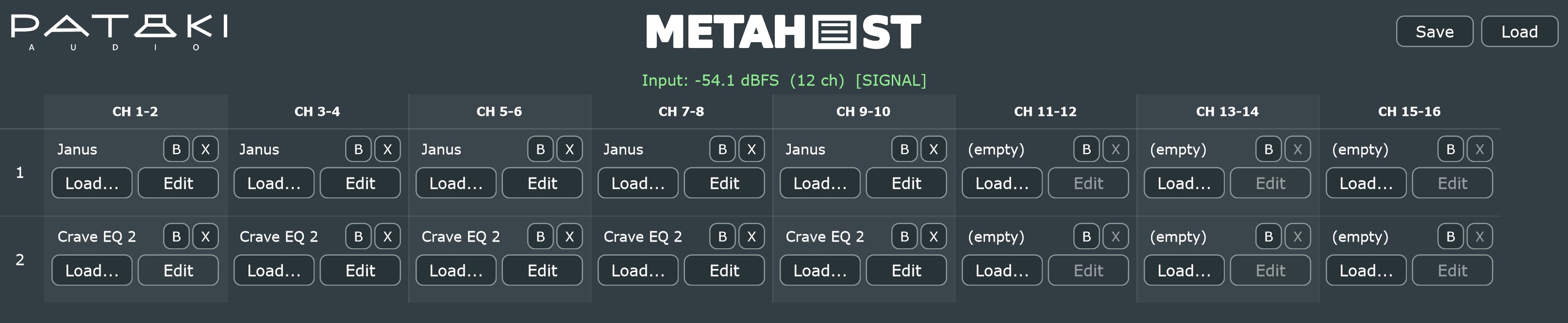 MetaHost plugin interface — 8 channel-pair columns, 2 plugin rows per column, signal meter at the top