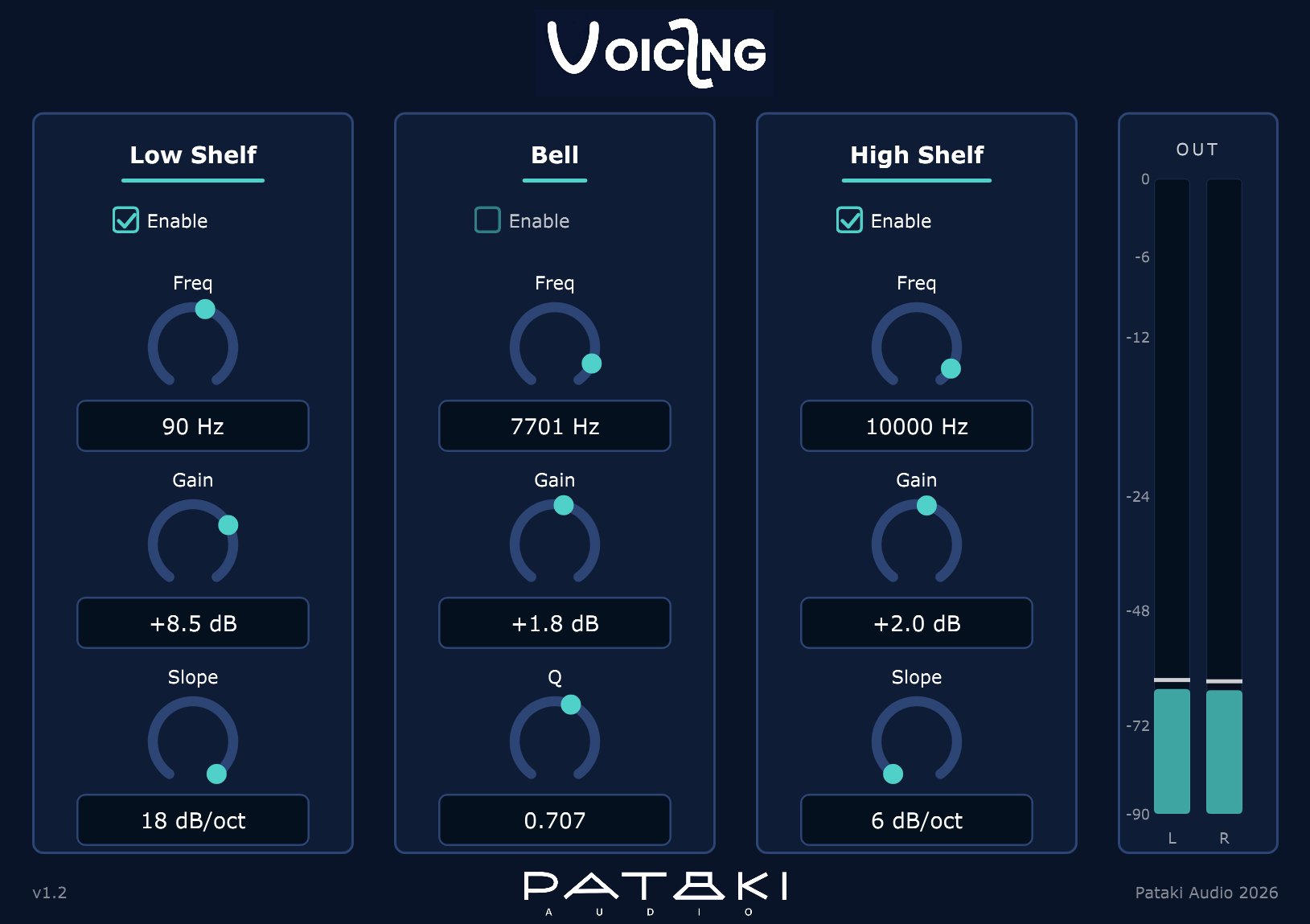 Voicing plugin interface — three bands (low shelf, parametric bell, high shelf), per-band enable, output meter